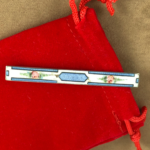 Pink Flowers Guilloche Enameled Sterling Bar Pin - Picture 2 of 6